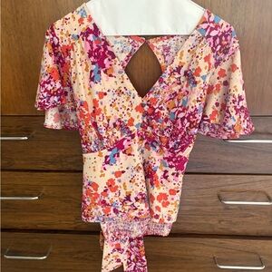 Never Worn Anthropologie Pink and Orange Open Back Blouse with Sailor Collar